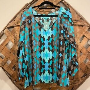 Escapada Geometric Print Long Sleeve Ruby Top with Beaded Tassels Size XL New WT